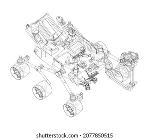 Mars Rover. Vector rendering of 3d. Wire-frame style. Elements of this image furnished by NASA. Orthography or isometric