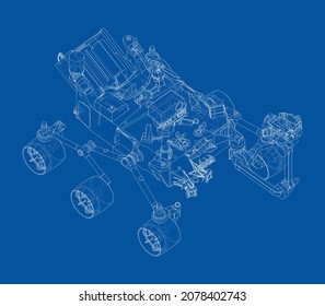 Mars Rover. Vector rendering of 3d. Wire-frame style. Elements of this image furnished by NASA. Orthography or isometric