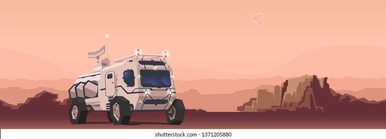 Mars rover vehicle on alien planet landscape background. Space travelling concept. Flat vector illustration. Horizontal.