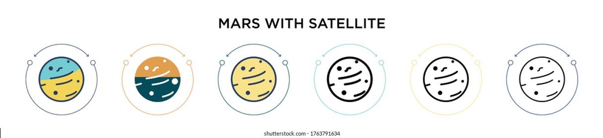 Mars with satellite icon in filled, thin line, outline and stroke style. Vector illustration of two colored and black mars with satellite vector icons designs can be used for mobile, ui, web