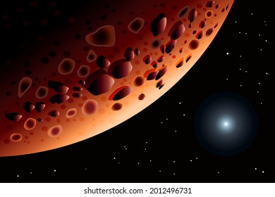 Marte. Planeta del sistema solar. Gran paisaje del planeta rojo. Resumen de los antecedentes científicos. El diseño de la decoración espacial Planeta Marte y estrella brillante en el espacio. Planeta brillante en luz estelar. Ilustración vectorial de stock