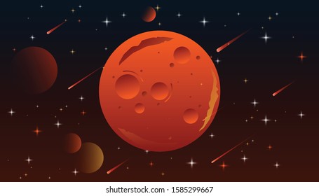 Mars, solar system planets. Astronomical observatory and stars universe. Globe red planet on dark space star background. Space background. Surface of the planet with craters.