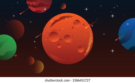 Mars, solar system planets. Astronomical observatory and stars universe.Globe vector Mars view from space. Space background with place for text. Surface of the planet with craters.