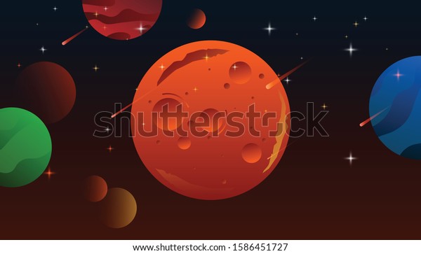 Mars,\
solar system planets. Astronomical observatory and stars\
universe.Globe vector Mars view from space. Space background with\
place for text. Surface of the planet with\
craters.