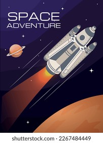 Mars space adventure concept. Spaceship or rocket flies in space with planets, satellites and stars. Astronomy and astrology. Innovation and exploration of universe. Cartoon flat vector illustration