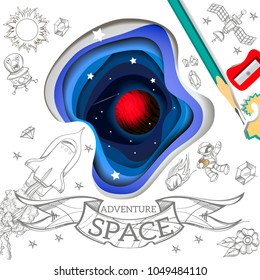 Mars. Space adventure. Vector illustration in modern paper ?ut style with 3D effect and hand drawn outline illustrations isolated on white background for posters, covers and more.