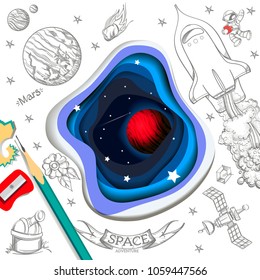 Mars. Space adventure. Vector illustration in modern paper ?ut style with 3D effect and hand drawn outline illustrations isolated on white background for posters, covers and more.
