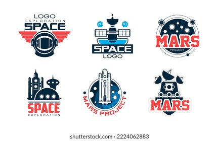 Mars and Space Expedition Project Label with Shuttle, Satellite and Planet Vector Set