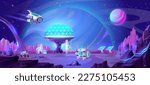 Mars station, space base on alien planet. Futuristic landscape with colony buildings, spaceship, rocket and rover at night. Galaxy exploration, cosmic mission concept, vector cartoon illustration