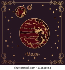 Mars. Stylized illustration of Mars in hand drawing style. The symbols of astrology and astronomy.