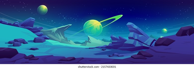 Mars surface, alien planet landscape. Night space game background with ground, mountains, stars, Saturn and Earth in sky. Vector cartoon fantastic illustration of cosmos and dark martian surface