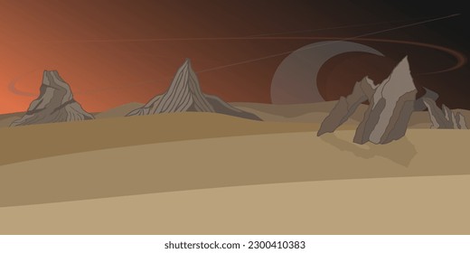 Mars surface or alien planet landscape with sand or dust storm. Cartoon background with empty rocks, big planet sphere  dark night sky. Space backdrop Vector illustration