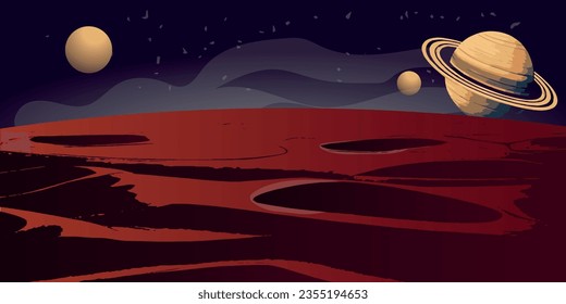 Mars surface, alien planet landscape. Night space game background with ground, stars, Saturn and Earth in sky.