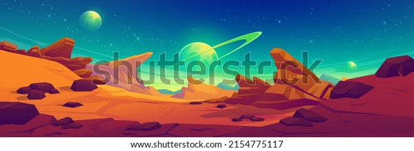 Mars surface, alien planet landscape. Space game\
background with orange ground, mountains, stars, Saturn and Earth\
in sky. Vector cartoon fantastic illustration of cosmos and red\
martian surface