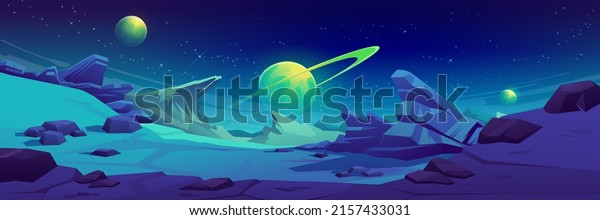 Mars surface, alien planet landscape. Night space
game background with ground, mountains, stars, Saturn and Earth in
sky. Vector cartoon fantastic illustration of cosmos and dark
martian surface