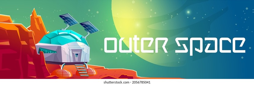 Mars surface with colony building. Outer space poster with martian base. Vector banner with cartoon futuristic illustration with space station on alien red planet