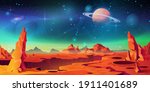 Mars surface landscape, alien planet background, Saturn on starry sky. Vector red desert with mountains, craters and shining stars. Martian extraterrestrial computer game backdrop, cartoon world