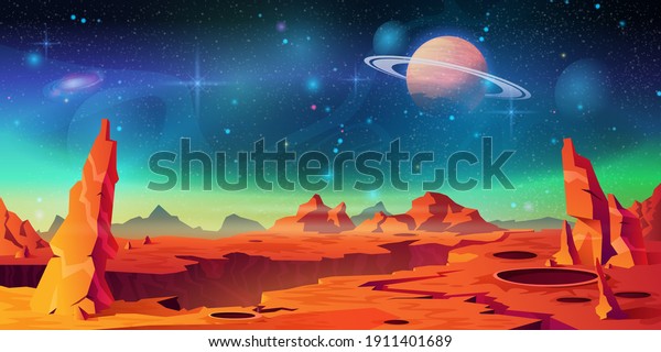 Mars surface landscape, alien planet background,\
Saturn on starry sky. Vector red desert with mountains, craters and\
shining stars. Martian extraterrestrial computer game backdrop,\
cartoon world