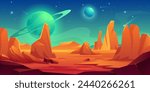 Mars surface landscape. Vector illustration of alien planet with craters, saturn planet, mountains, rock, sky galaxy, comet and stars. Red desert in cosmos. Martian extraterrestrial background.