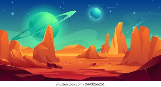 Mars surface landscape. Vector illustration of alien planet with craters, saturn planet, mountains, rock, sky galaxy, comet and stars. Red desert in cosmos. Martian extraterrestrial background.