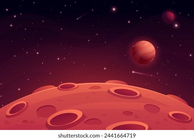 Mars surface landscape. Vector illustration of night alien planet with craters, saturn planet, sky galaxy, comet and stars. Red desert in cosmos.Martian extraterrestrial background for game, ui design