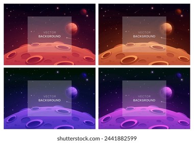 Mars surface landscape. Vector illustration of night alien planet with craters, saturn planet, sky galaxy, comet and stars. Red desert in cosmos.Martian extraterrestrial background for game, ui design