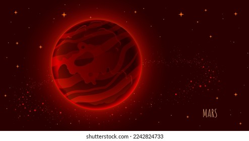 Mars surface,  Night deep space background, with stars, planet and comet,  science, astronomy concept. Cartoon Mars,  red planet with craters. 
