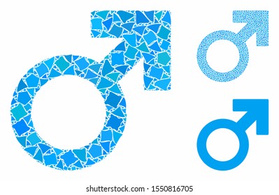 Mars symbol composition of raggy pieces in different sizes and color tones, based on Mars symbol icon. Vector raggy pieces are united into composition. Mars symbol icons collage with dotted pattern.