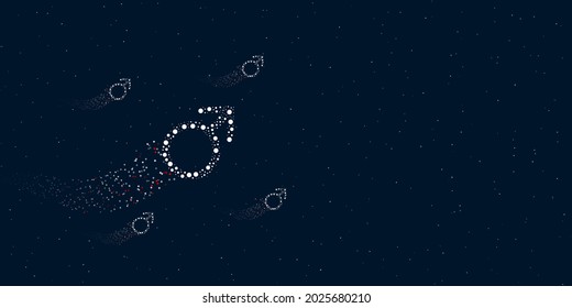 Un símbolo mars lleno de puntos vuela a través de las estrellas dejando un rastro detrás. Cuatro pequeños símbolos alrededor. Espacio vacío para texto a la derecha. Ilustración vectorial sobre fondo azul oscuro con estrellas