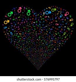 Mars Symbol fireworks with heart shape. Vector illustration style is flat bright multicolored iconic symbols on a black background. Object salute created from confetti icons.