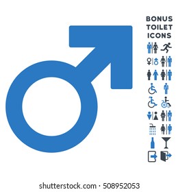 Mars Symbol icon and bonus man and female WC symbols. Vector illustration style is flat iconic bicolor symbols, smooth blue colors, white background.