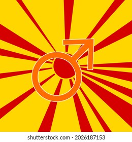 Mars symbol on a background of red flash explosion radial lines. The large orange symbol is located in the center of the sun, symbolizing the sunrise. Vector illustration on yellow background