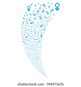 Mars Symbol random fireworks stream. Vector illustration style is flat blue iconic symbols on a white background. Object fountain combined from scattered design elements.