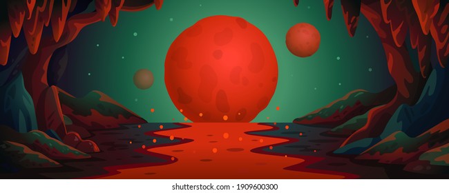 Mars - vector cartoon background. Marsian cave landscape with an underground lava river and red planets. Vector illustration in flat cartoon style