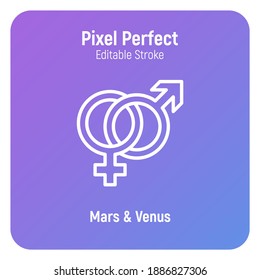 Mars and venus signs are connected. Thin line icon. Pixel perfect, editable stroke. Vector illustration.