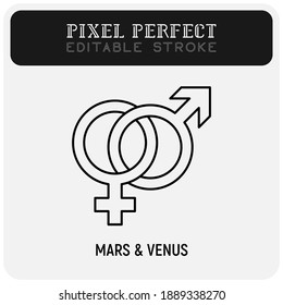 Mars and venus signs are connected. Thin line icon. Pixel perfect, editable stroke. Vector illustration.