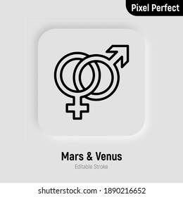 Mars and venus signs are connected. Thin line icon. Pixel perfect, editable stroke. Vector illustration.