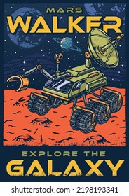 Mars walker flyer colorful vintage all-terrain vehicle with astronaut rides on surface red planet and looks for aliens vector illustration