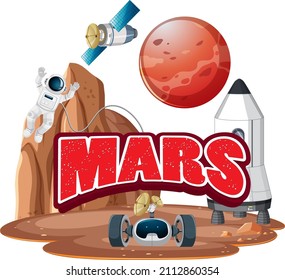 Mars word logo design with Astronaut and Spaceship illustration