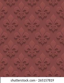 Marsala color fleur-de-lis perforated paper with cut out effect. Abstract 3d seamless background. Vector EPS10.