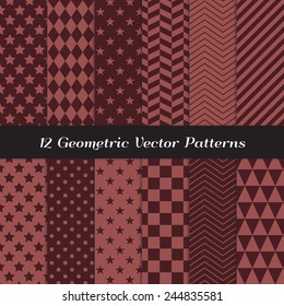 Marsala Color Geometric Patterns. Dark Brown Red Wine Color Backgrounds in Diamond, Chevron, Polka Dot, Checkerboard, Stars, Triangles, Herringbone & Stripes. Pattern Swatches made with Global Colors 