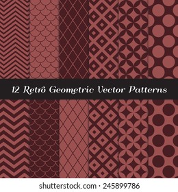 Marsala Color Retro Geometric Patterns. Mod Backgrounds in Jumbo Polka Dot, Diamond Lattice, Scallops, Quatrefoil and Chevron. Vector EPS File Includes Pattern Swatches Made with Global Colors.