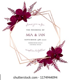 Marsala colored dark exotic orchid, burgundy red astilbe vector design fall frame. Pink gold polygonal line art with shimmer. Geometric card. Autumn chic wedding invitation. Isolated and editable.