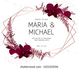 Marsala colored dark exotic orchid, burgundy red astilbe vector design fall frame. Pink gold polygonal line art with shimmer. Geometric card. Autumn chic wedding invitation. Isolated and editable.