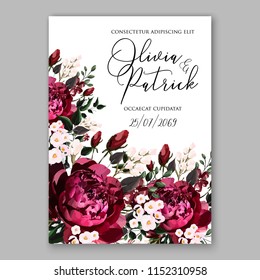 Marsala dark red peony wedding invitation vector floral background