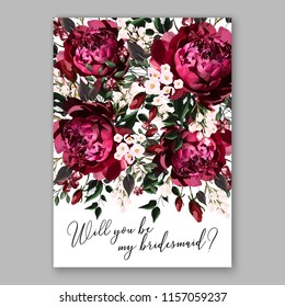 Marsala dark red peony wedding invitation vector floral background