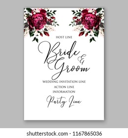 Marsala dark red peony wedding invitation vector floral background