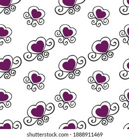 Marsala hearts with curls. Seamless pattern. Colored doodles Openwork isolated elements on white background. 