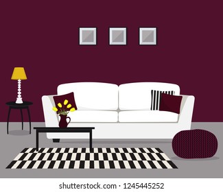 Marsala living room. There is a white sofa with pillows, a table with lamp and a table with bouquet of yellow tulips in the image. There is also a checkered carpet and knitted chair here. Vector