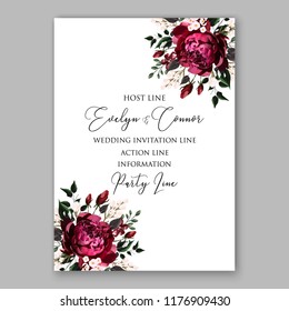 Marsala peony Rose wedding invitation card template peony ranunculus vector background for baby shower bridal shower invitation Winter floral pattern floral vector set 